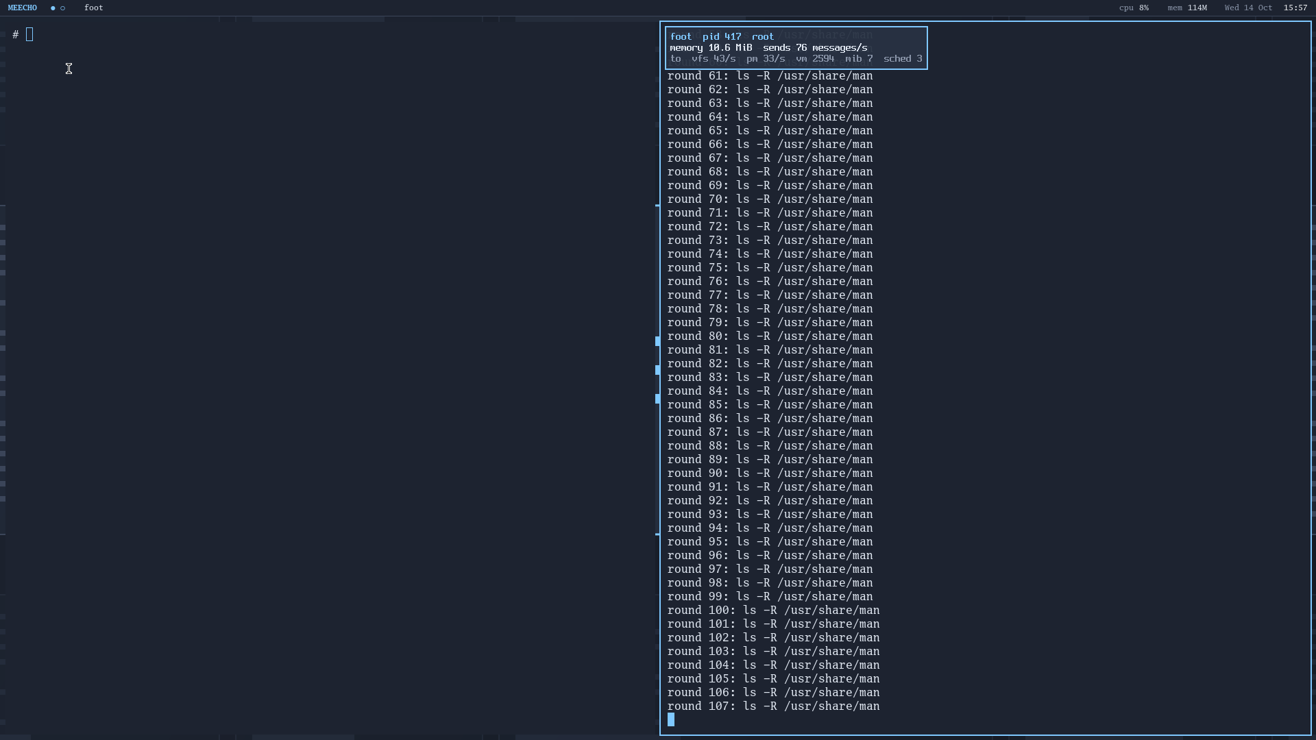 A terminal window with a passport overlay: pid, memory, messages per second to vfs, pm, vm