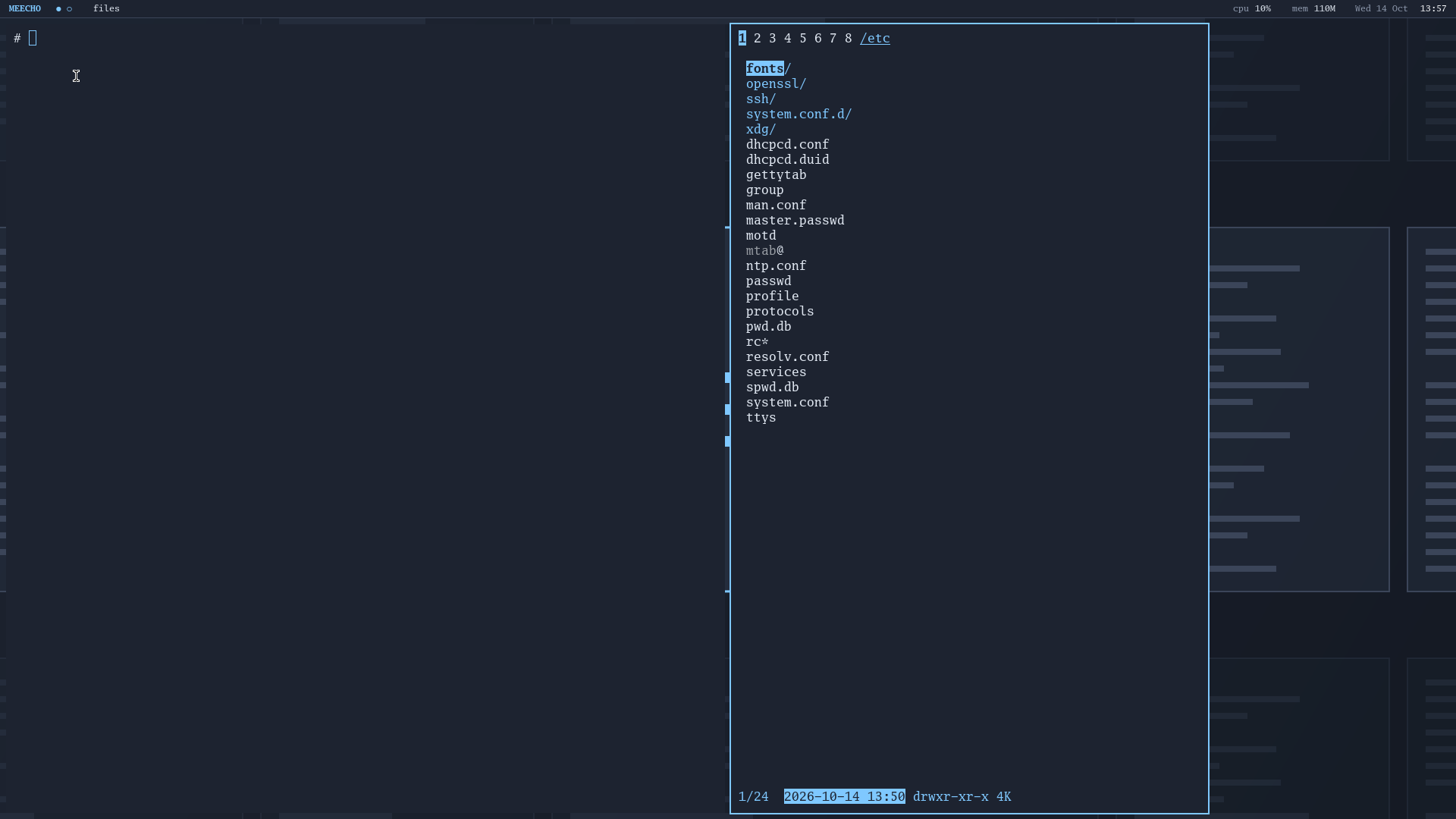 MEECHO desktop: panel at the top, a shell on the left, the nnn file manager on the right