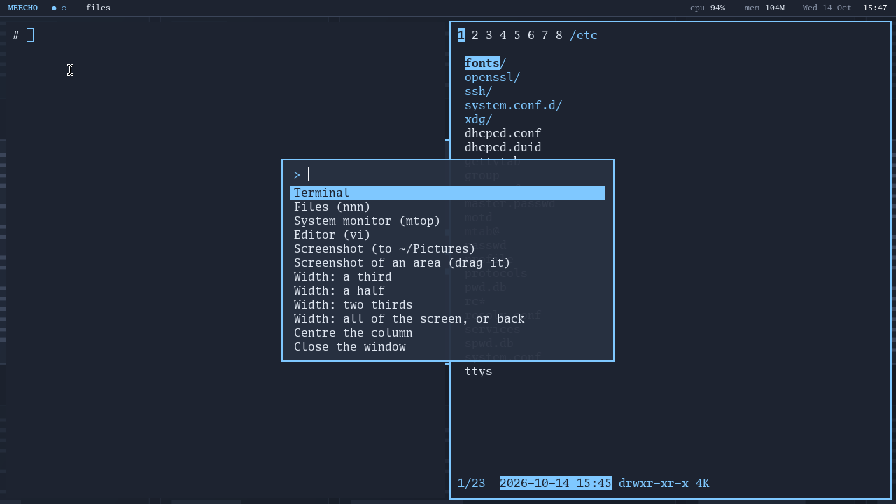 Command palette over the desktop: Terminal, Files, System monitor, Screenshot, window widths