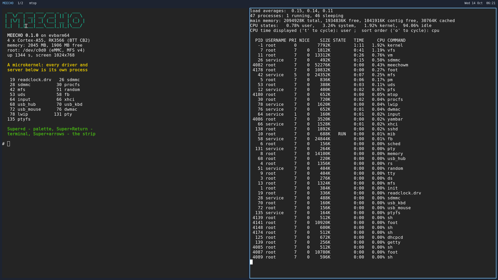 System information and the mtop process list: vfs, vm, sdmmc, xhci, usb_kbd, dwmac as ordinary processes